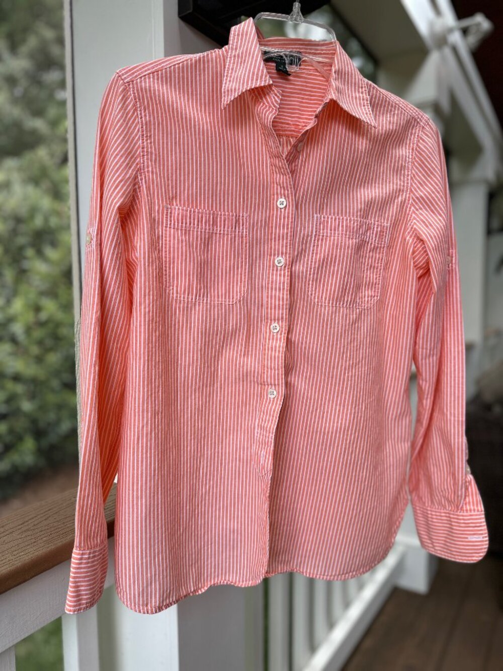 Ralph Lauren Jeans Co. Button Front Shirt Top Blouse Orange White Stripe Size S